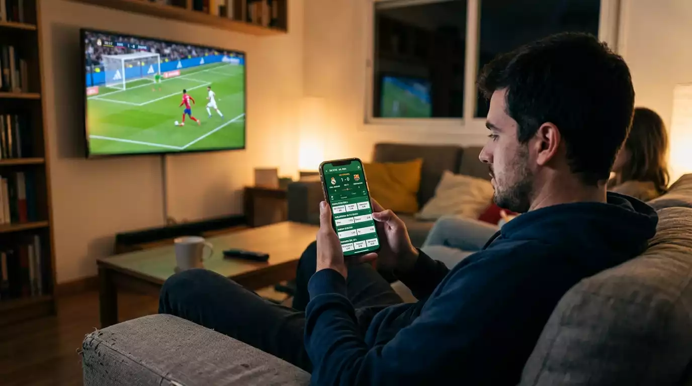 Aficionado siguiendo un partido de fútbol en directo desde su smartphone con cuotas cambiando en pantalla