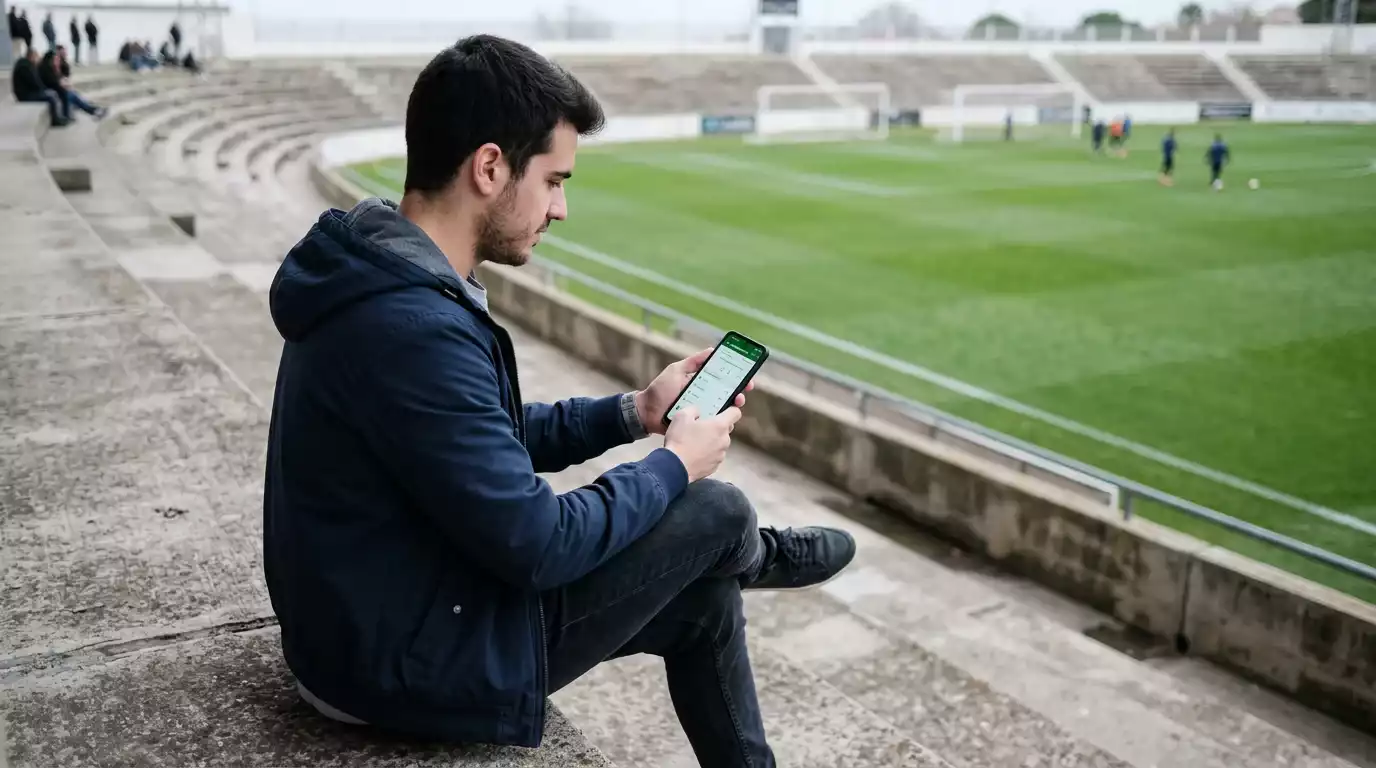 Persona sentada en una grada de estadio de fútbol sosteniendo un smartphone con la pantalla encendida