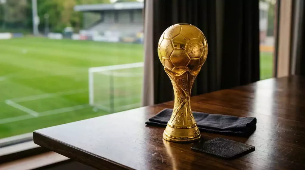Trofeo dorado de fútbol sobre una mesa de madera con un campo de fútbol desenfocado al fondo