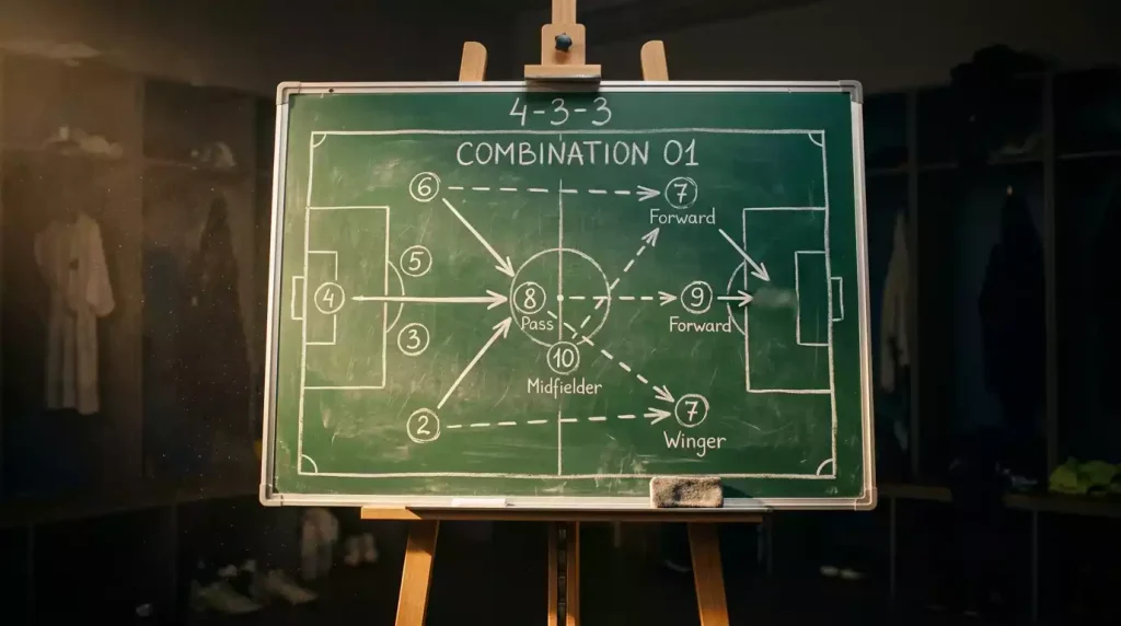 Pizarra táctica de fútbol con diagramas de jugadas dibujados con tiza blanca sobre fondo verde oscuro