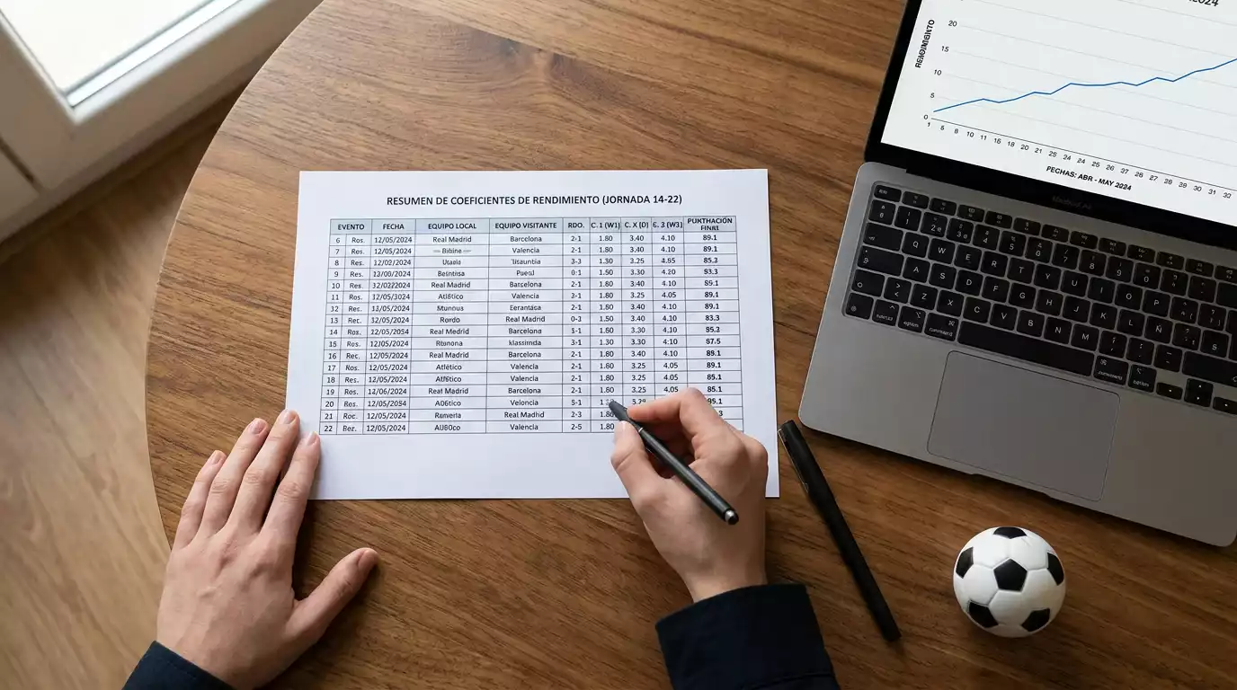 Analista revisando cuotas decimales y probabilidades implícitas en una hoja de datos sobre fútbol