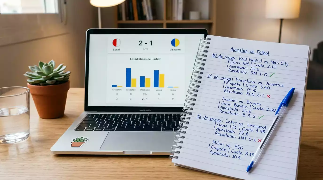 Cuaderno abierto con anotaciones de apuestas deportivas junto a un portátil mostrando estadísticas de fútbol