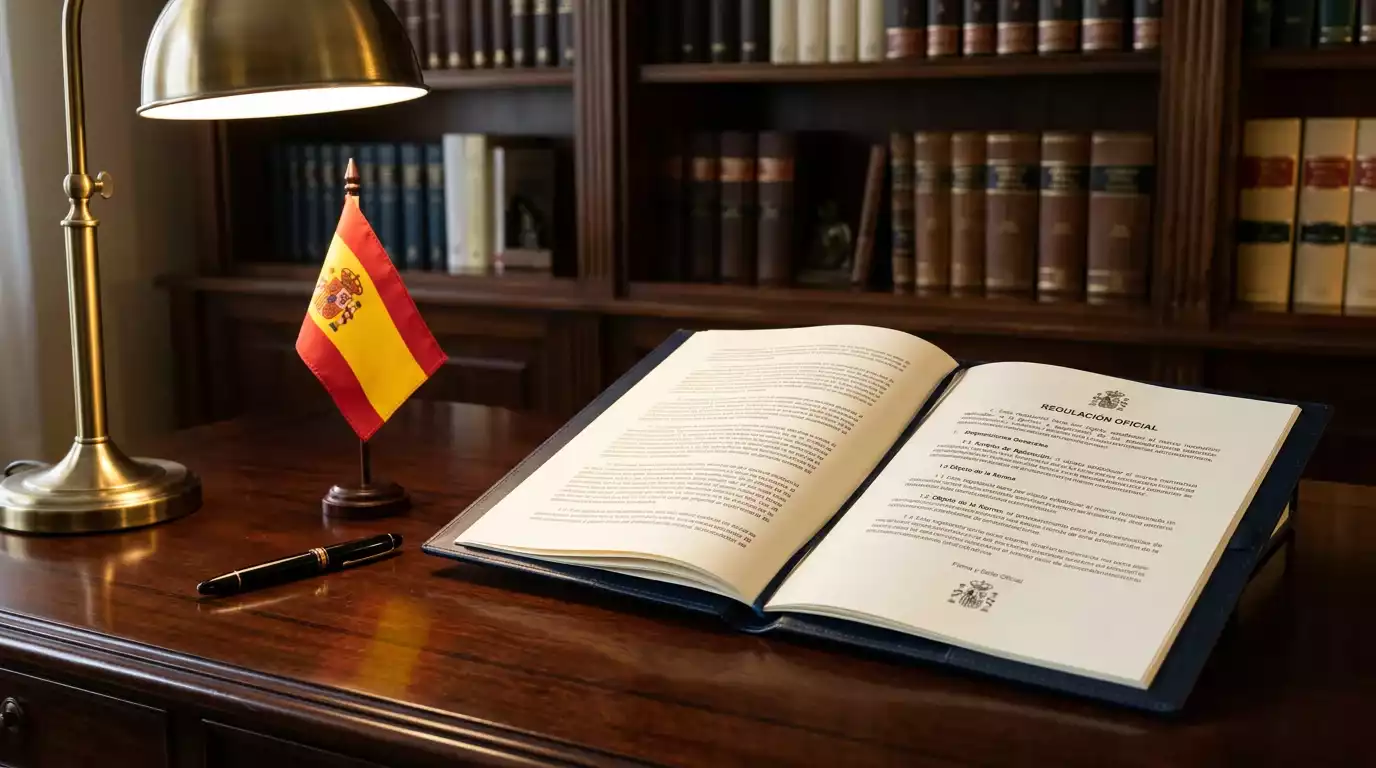 Documento oficial con el escudo institucional español sobre una mesa de despacho, representando la regulación del juego online